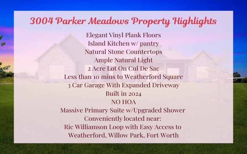 3004 Parker Meadows Court, Weatherford, TX 76088, 3 Bedrooms Bedrooms, ,2 BathroomsBathrooms,Residential,For Sale,3004 Parker Meadows Court,0,21042918