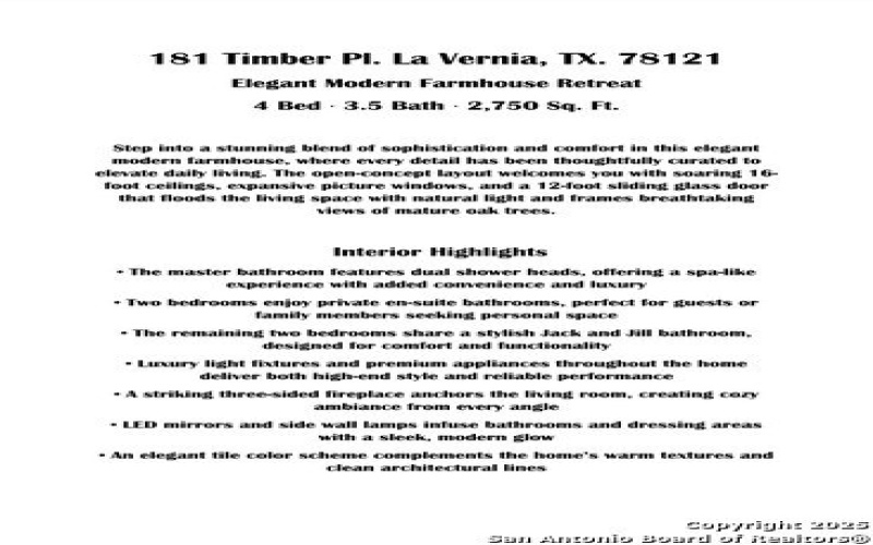 181 Timber, La Vernia, TX 78121, 4 Bedrooms Bedrooms, ,3 BathroomsBathrooms,Residential,For Sale,181 Timber,0,1898408